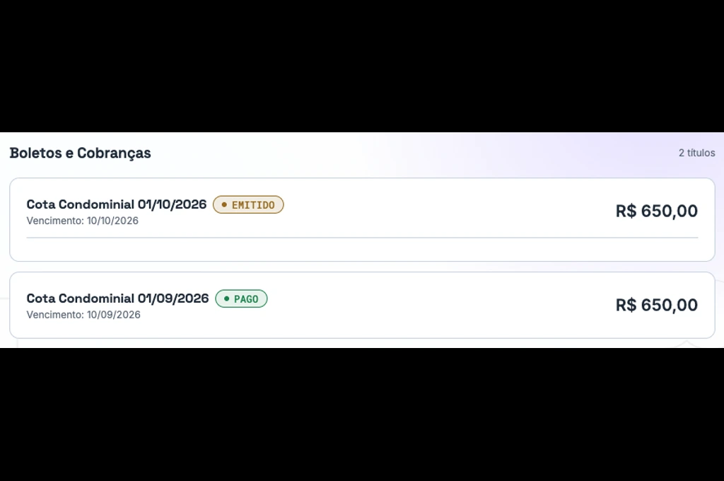 Portal do morador com cobranças de uma unidade fictícia